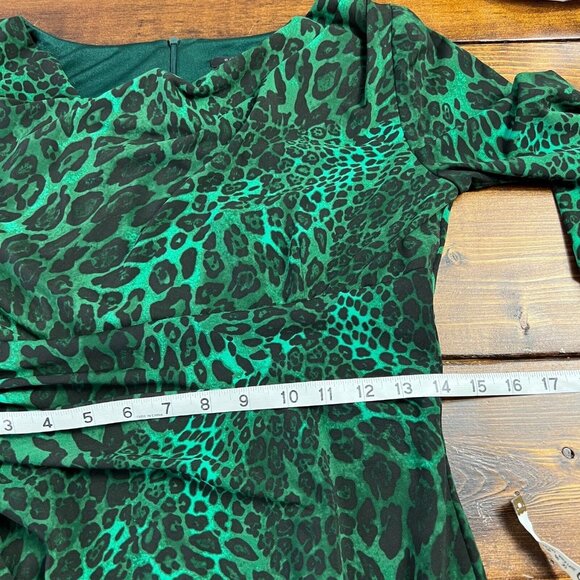 David Meister Dress Women's Sz 6 Green Black Animal Print Career Sheath Ruched - Picture 10 of 12